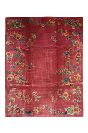 Antique Chinese Art Deco wool rug, 136x106 inches (345x270 cm), featuring intricate floral patterns with chrysanthemums and peonies on a vibrant red background.